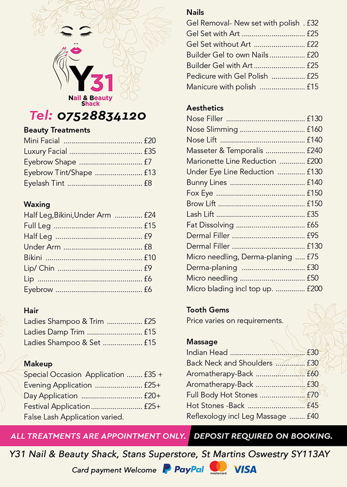 Nails and Beauty price list